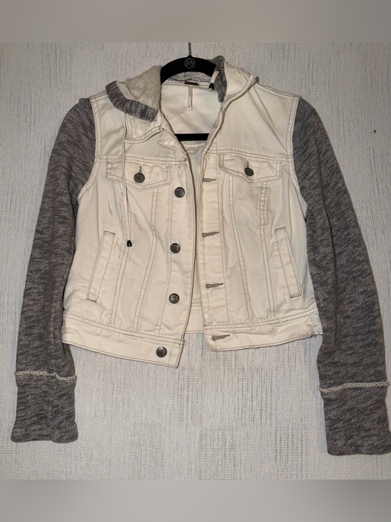 Free People Jackets & Blazers - Free People | Knit Hooded White Denim Distressed Jean Jacket Fabric Sleeves - XS